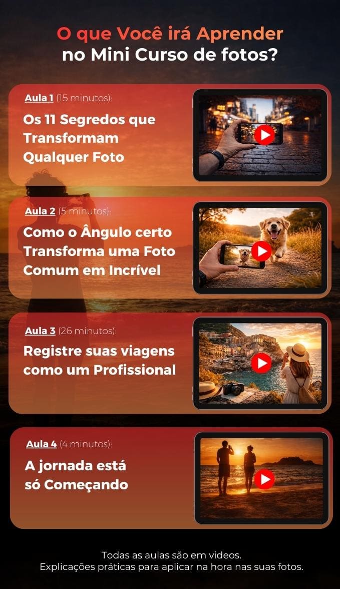 O que Voce ira Aprender no Mini Curso de fotos - Aula 1: Os 11 Segredos que Transformam Qualquer Foto, Aula 2: Como o Angulo certo Transforma uma Foto, Aula 3: Registre suas viagens como um Profissional, Aula 4: A jornada esta so Comecando